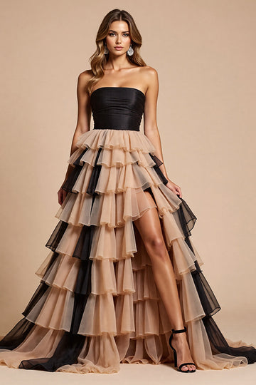 Black and Pink Tulle Ball Gown Ruffled Long Formal Dress with Slit